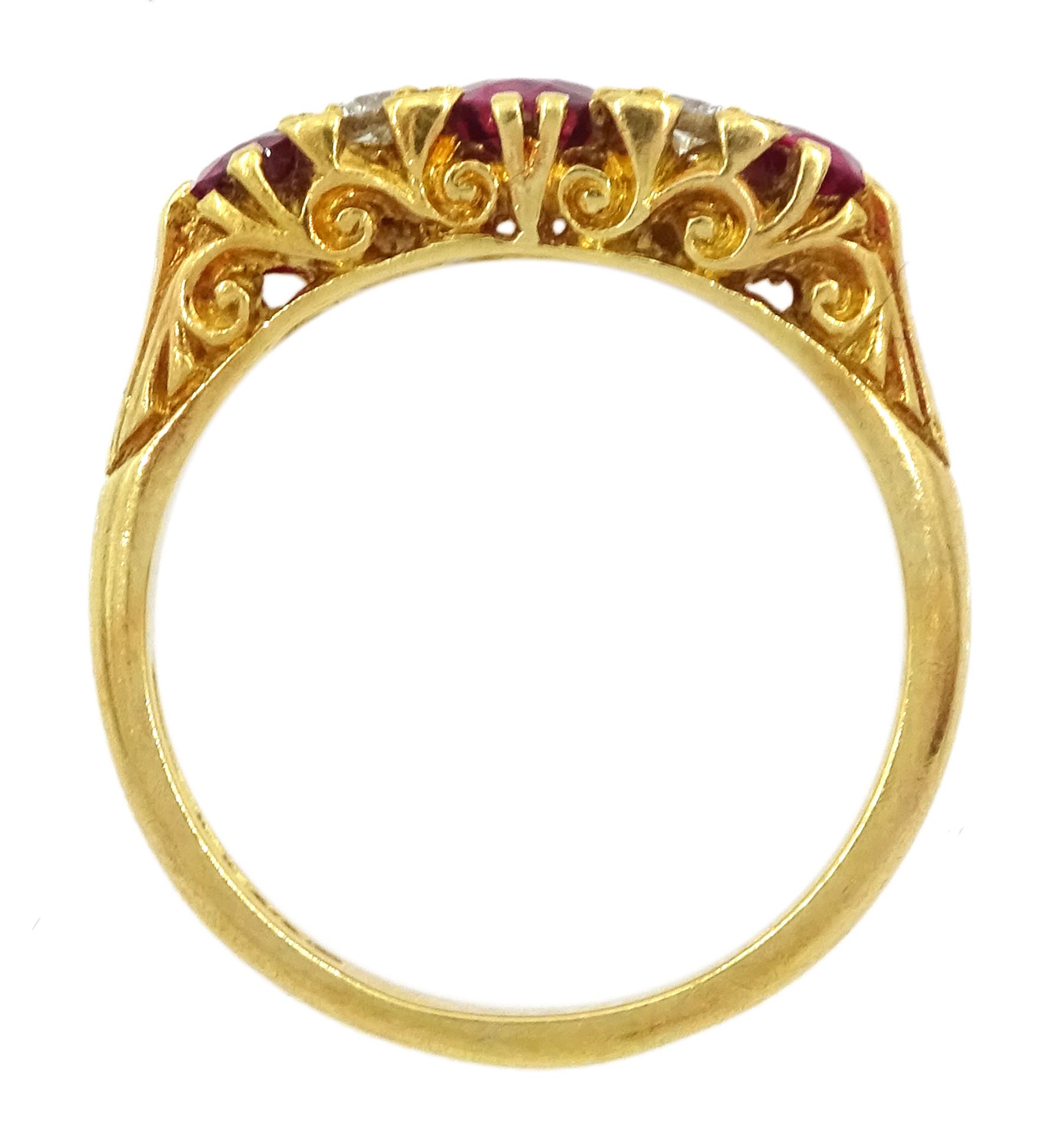 18ct gold three stone oval cut ruby and four stone round brilliant cut diamond ring - Image 4 of 4