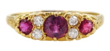 18ct gold three stone ruby and four stone round brilliant cut diamond ring