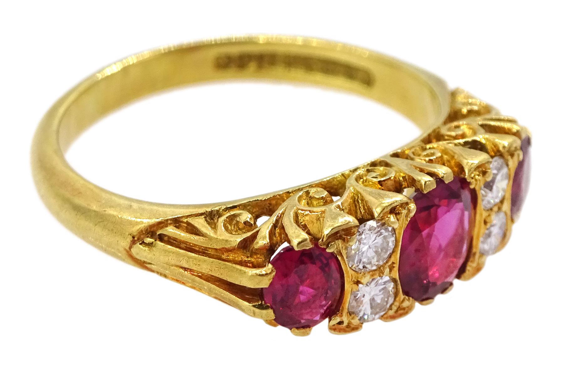 18ct gold three stone oval cut ruby and four stone round brilliant cut diamond ring - Image 3 of 4