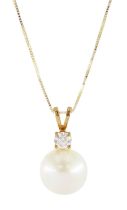 9ct gold cultured pearl and round brilliant cut diamond pendant necklace