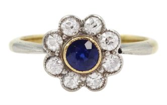 Early 20th century milgrain set sapphire and old cut diamond daisy cluster ring
