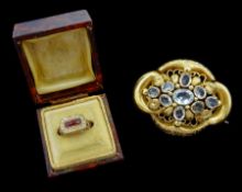 Victorian 9ct gold oval cut blue topaz brooch and a 9ct gold Victorian cabochon garnet and seed pear