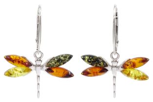 Pair of silver amber dragonfly pendant stud earrings