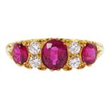 18ct gold three stone oval cut ruby and four stone round brilliant cut diamond ring