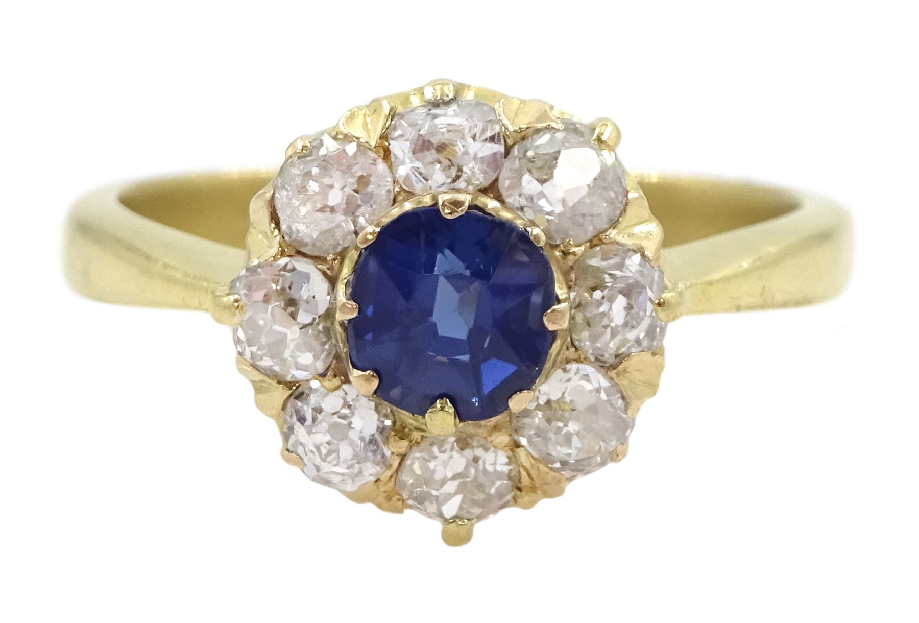 Early 20th century 18ct gold sapphire and old cut diamond cluster ring