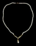 14ct gold pearl and round brilliant cut diamond necklace