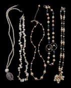 Five silver pearl necklaces