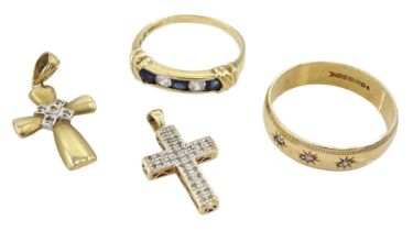 9ct gold jewellery including two diamond cross pendants
