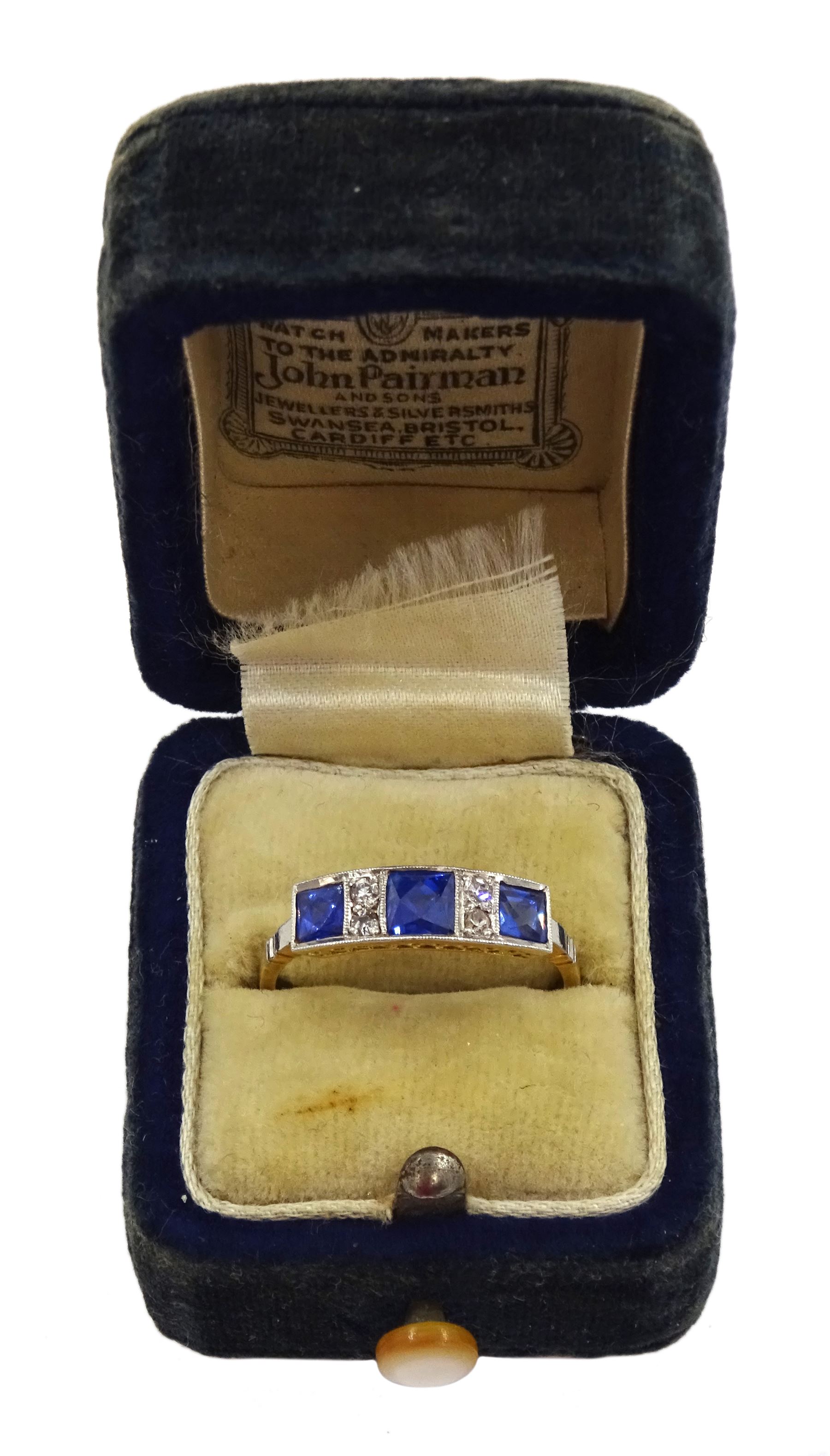 Art Deco 18ct gold milgrain set three stone French cut sapphire and four stone old cut diamond ring - Image 3 of 5