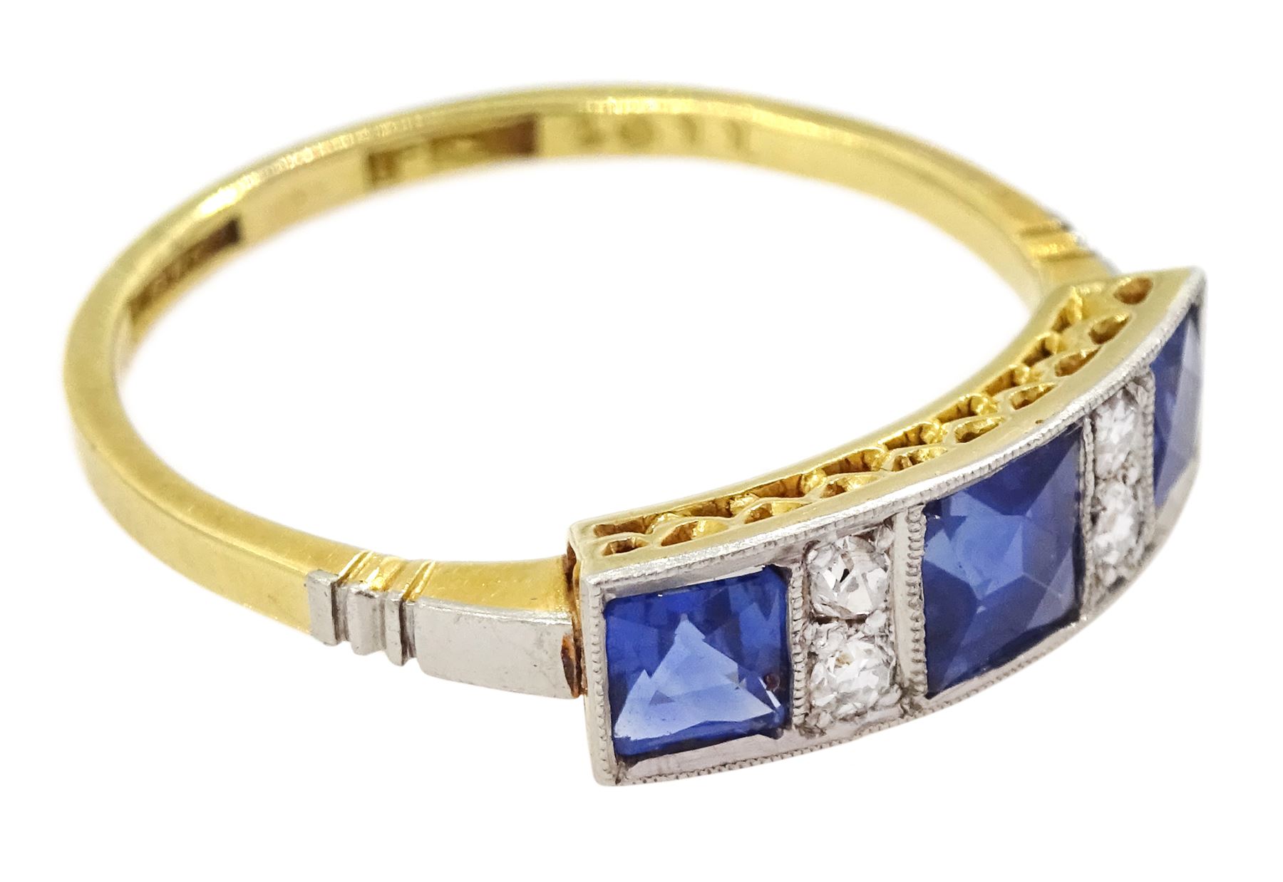 Art Deco 18ct gold milgrain set three stone French cut sapphire and four stone old cut diamond ring - Image 4 of 5