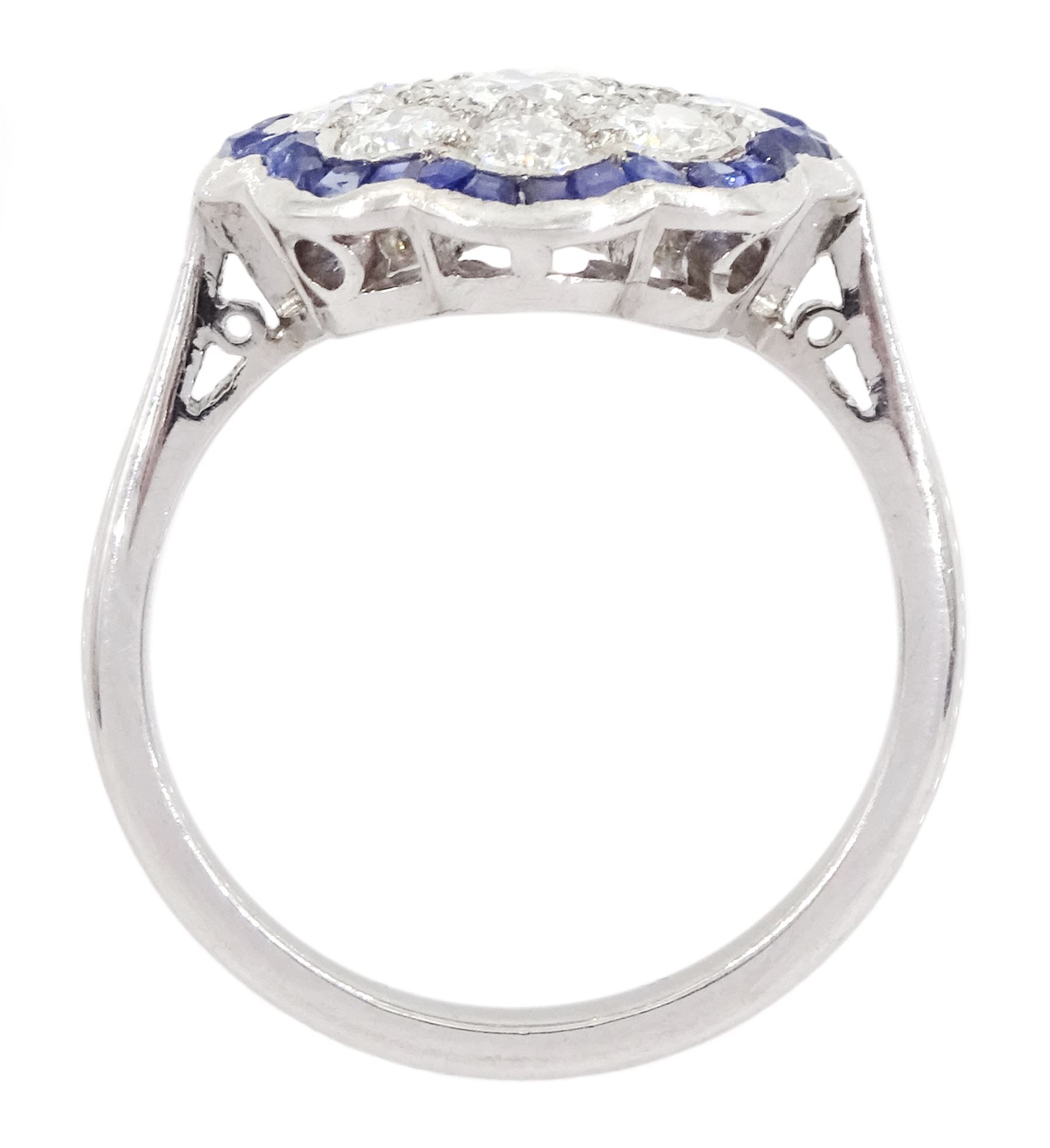 18ct white gold old cut diamond and calibre cut sapphire flower head cluster ring - Image 4 of 4