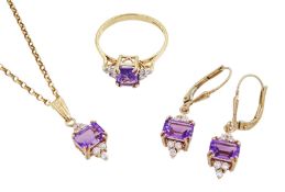 9ct gold amethyst and cubic zirconia jewellery suite including pendant necklace