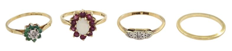 Four 9ct gold rings including opal and garnet cluster ring