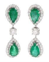 Pair of 18ct white gold pear cut emerald and diamond pendant stud earrings