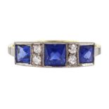 Art Deco 18ct gold milgrain set three stone French cut sapphire and four stone old cut diamond ring