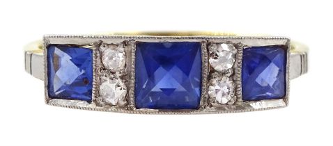 Art Deco 18ct gold milgrain set three stone French cut sapphire and four stone old cut diamond ring