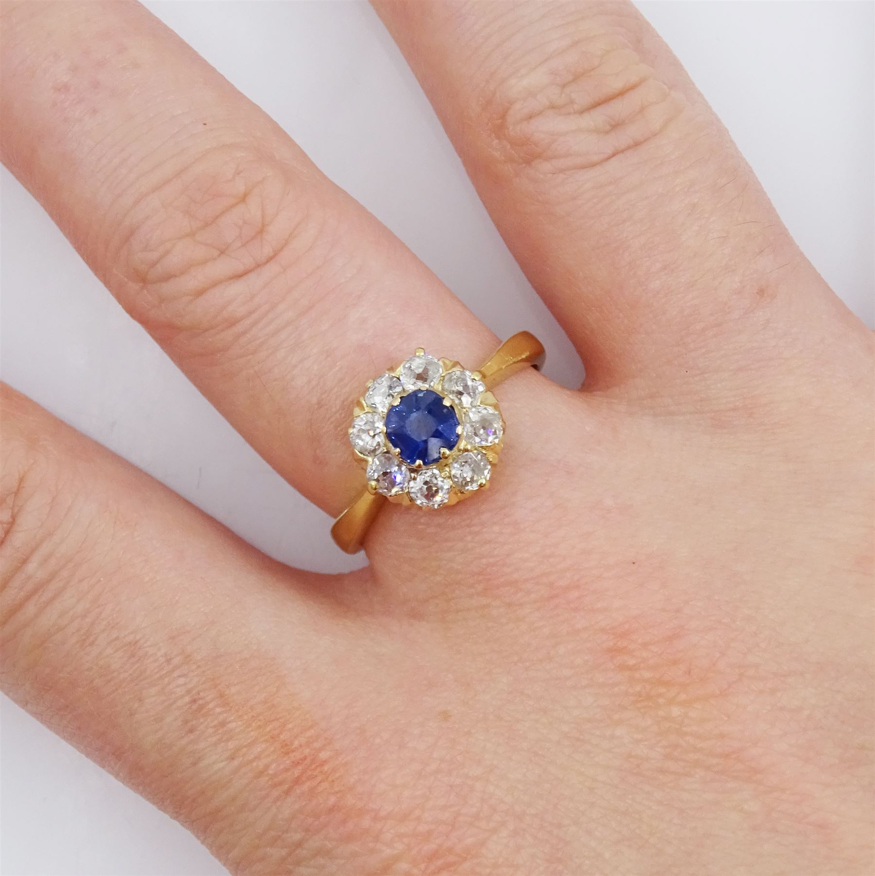 Early 20th century 18ct gold sapphire and old cut diamond cluster ring - Image 5 of 7