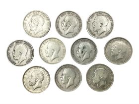 Ten King George V 1914 silver half crown coins