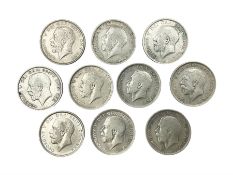 Ten King George V 1916 silver half crown coins