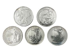 Five Queen Elizabeth II United Kingdom one ounce fine silver Britannia two pound coins dated 2002