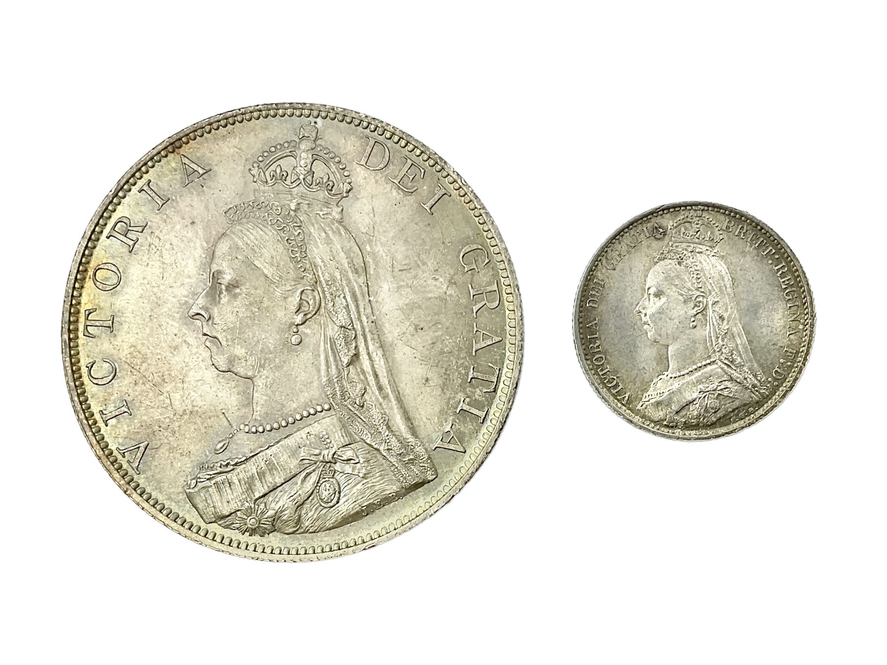 Queen Victoria 1887 silver double florin and silver sixpence coin