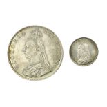 Queen Victoria 1887 silver double florin and silver sixpence coin