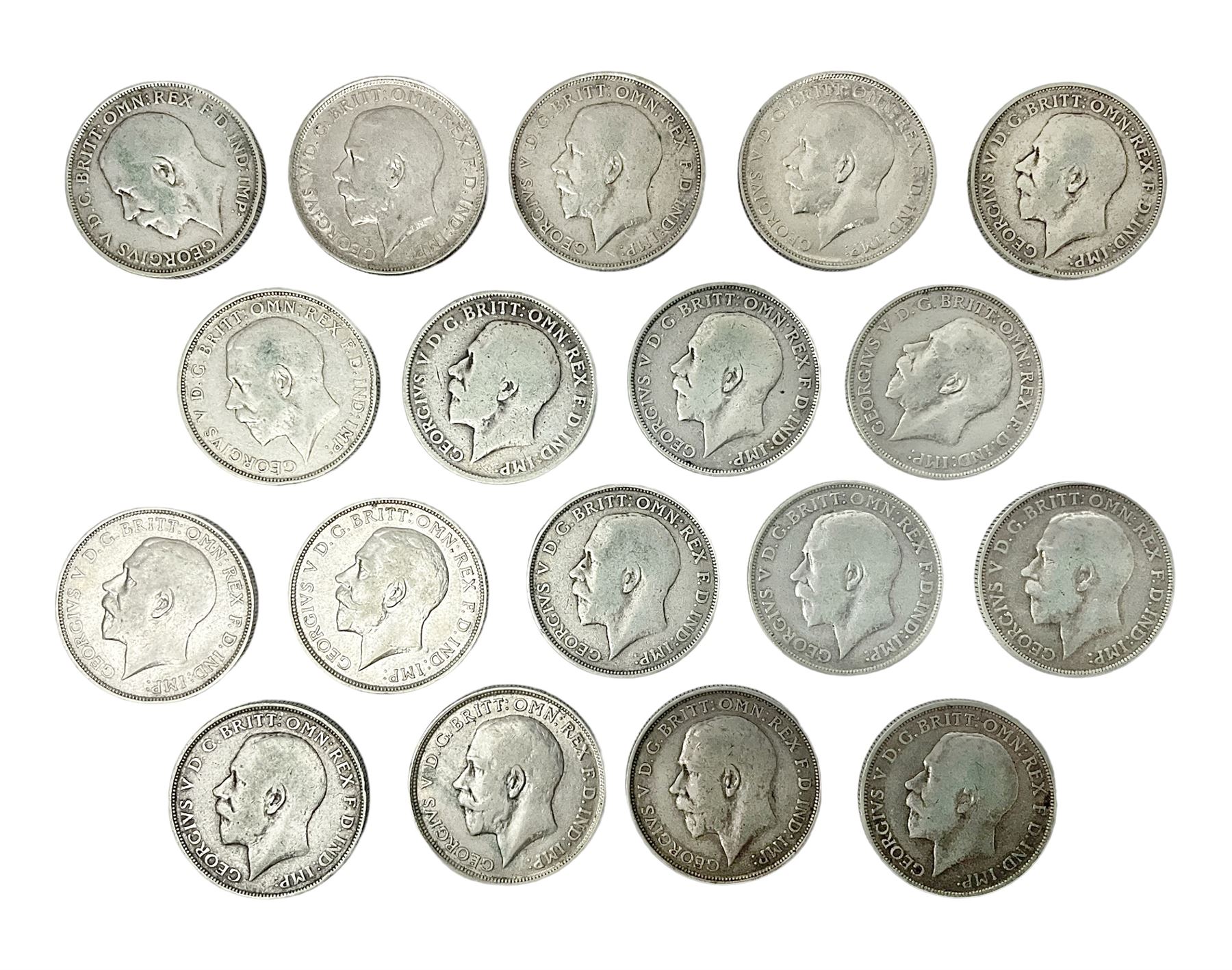 Eighteen King George V pre 1920 silver one florin coins