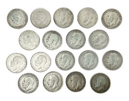 Eighteen King George V pre 1920 silver one florin coins