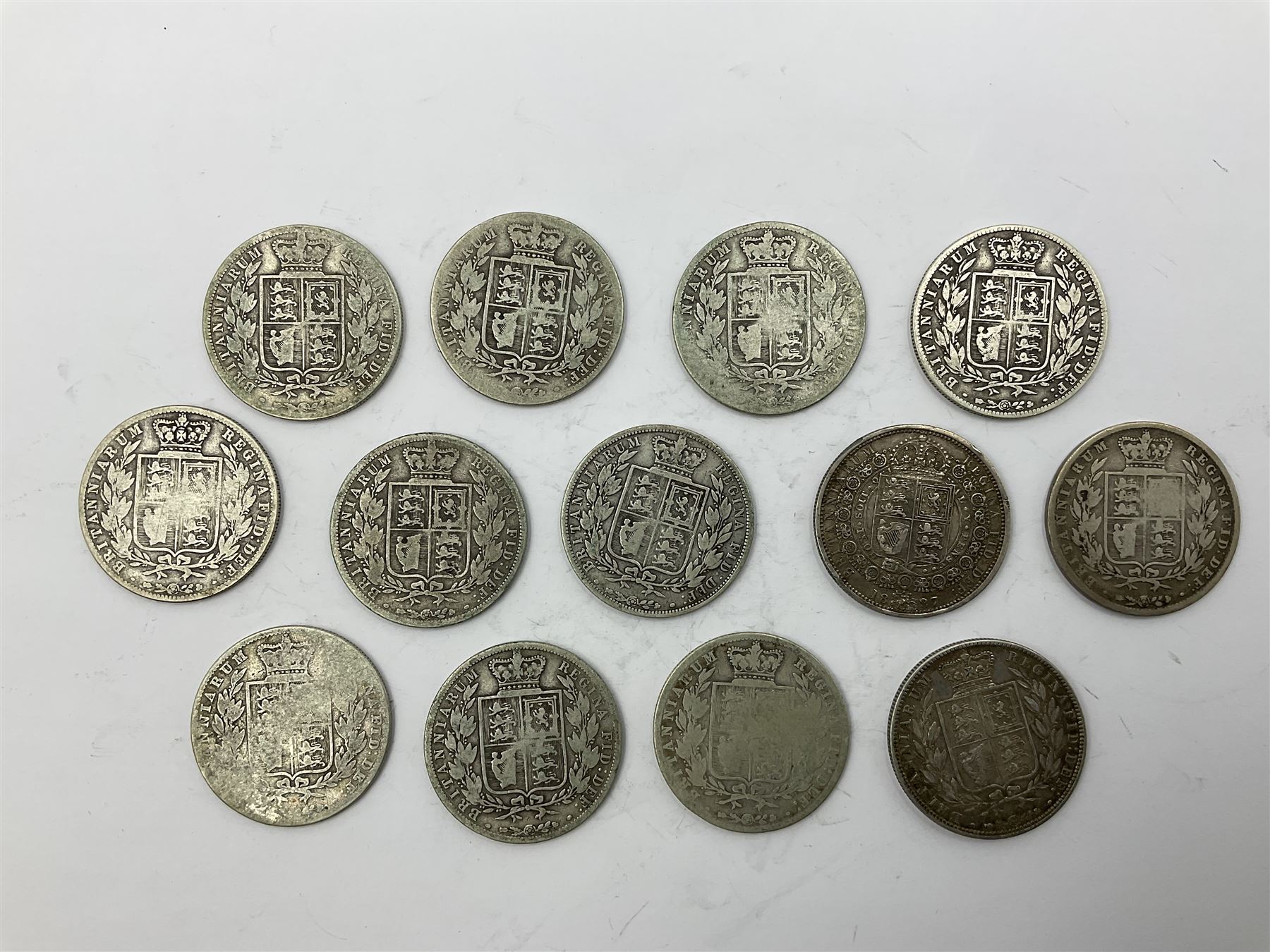 Thirteen Queen Victoria silver half crown coins - Image 2 of 3