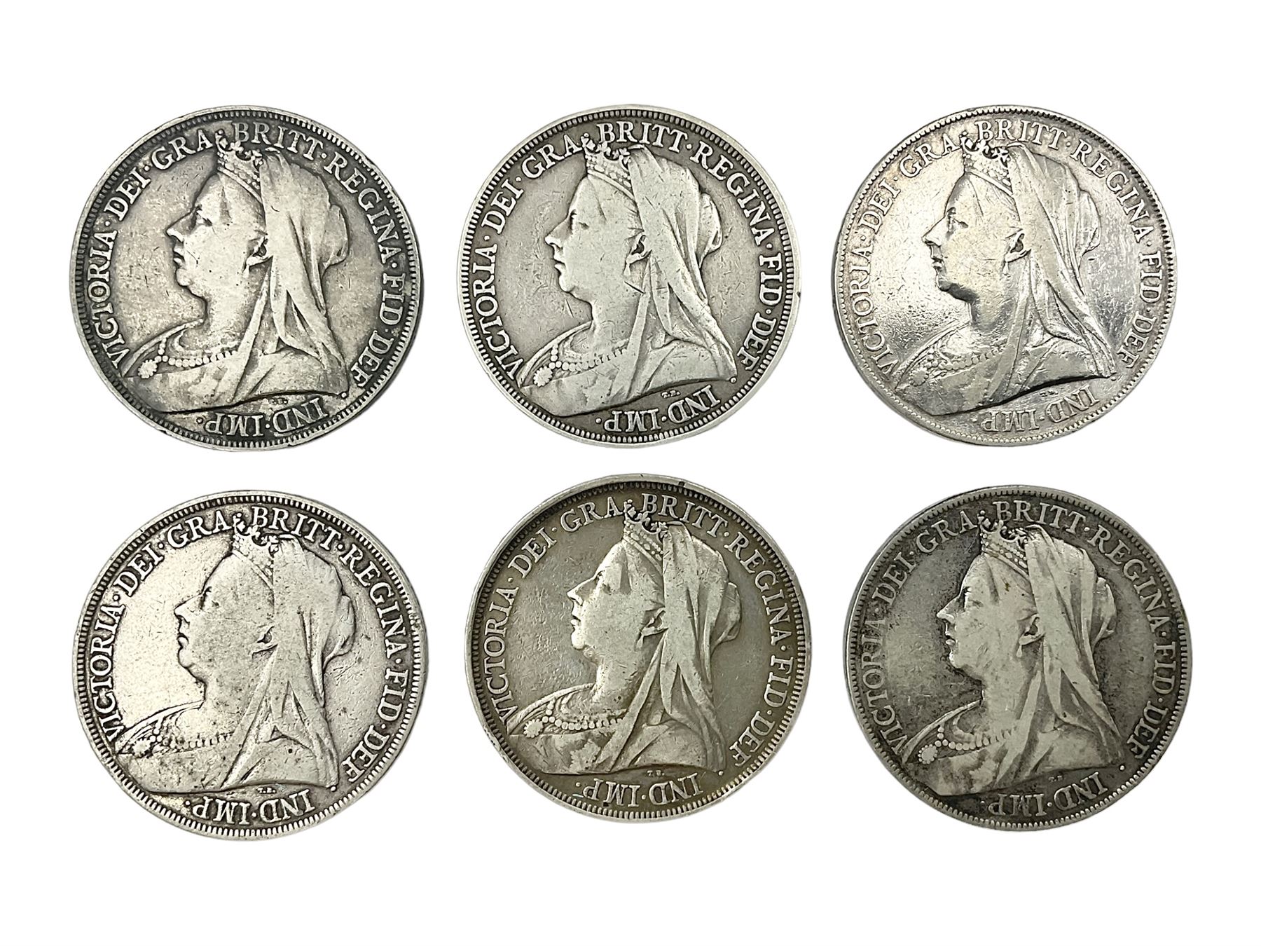 Six Queen Victoria silver crown coins