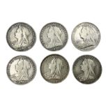 Six Queen Victoria silver crown coins