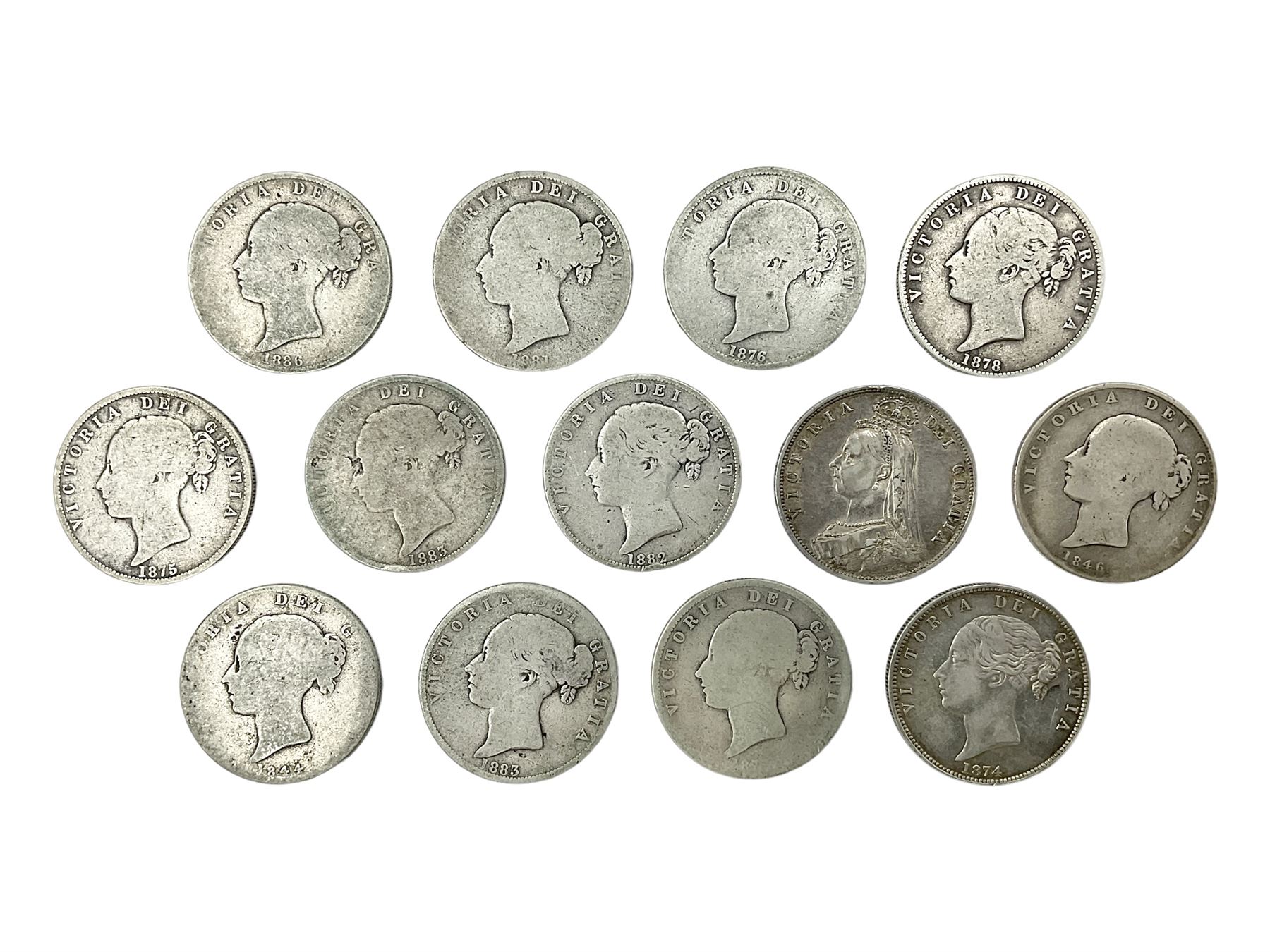 Thirteen Queen Victoria silver half crown coins