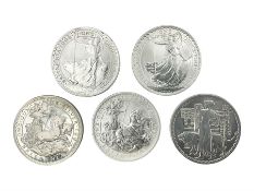 Five Queen Elizabeth II United Kingdom one ounce fine silver Britannia two pound coins dated 1997