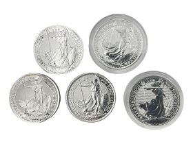 Five Queen Elizabeth II United Kingdom one ounce fine silver Britannia two pound coins dated 2017