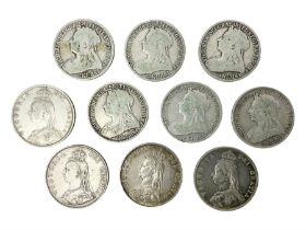 Ten Queen Victoria silver one florin coins