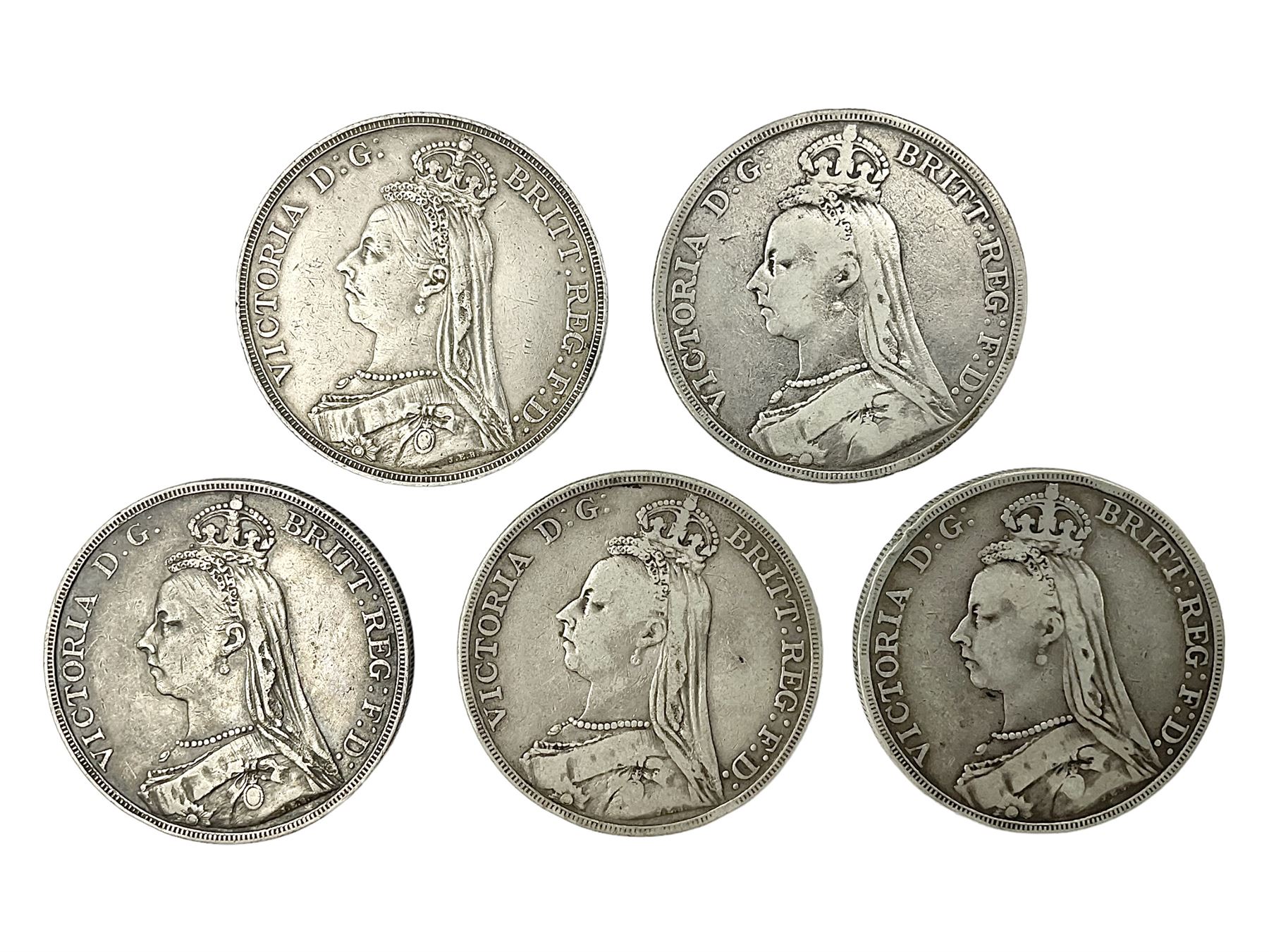 Five Queen Victoria silver crown coins