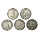 Five Queen Victoria silver crown coins