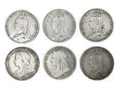 Six Queen Victoria silver crown coins
