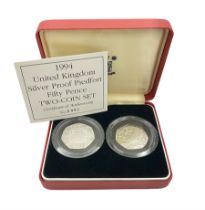 The Royal Mint United Kingdom 1994 silver proof piedfort fifty pence two coin set