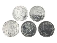 Five Queen Elizabeth II United Kingdom one ounce fine silver Britannia two pound coins dated 2012