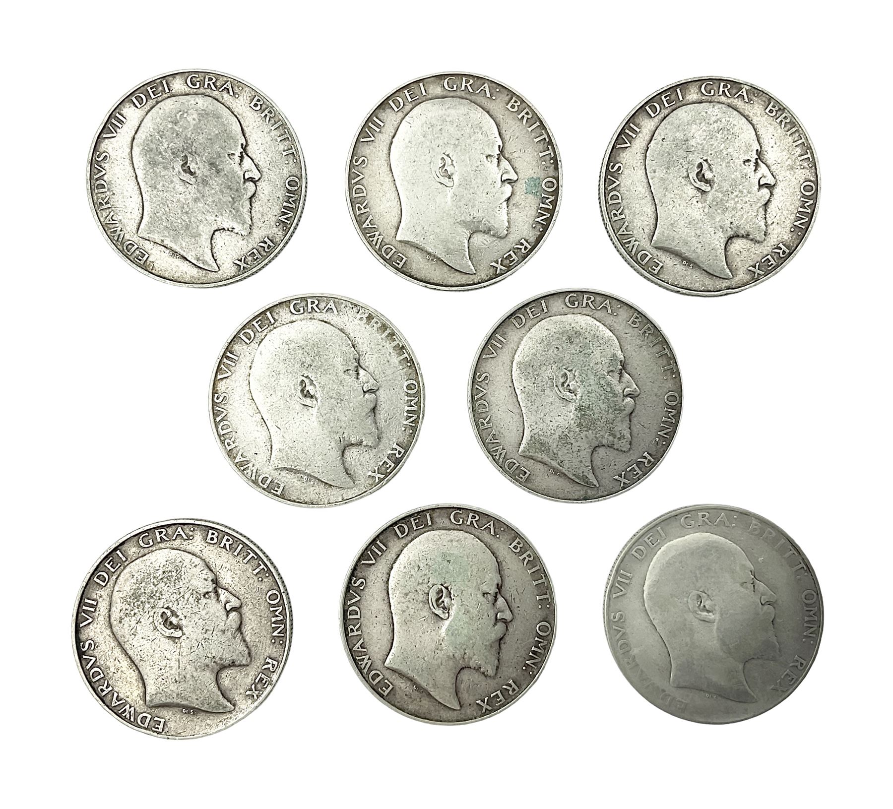 Eight King Edward VII silver half crown coins