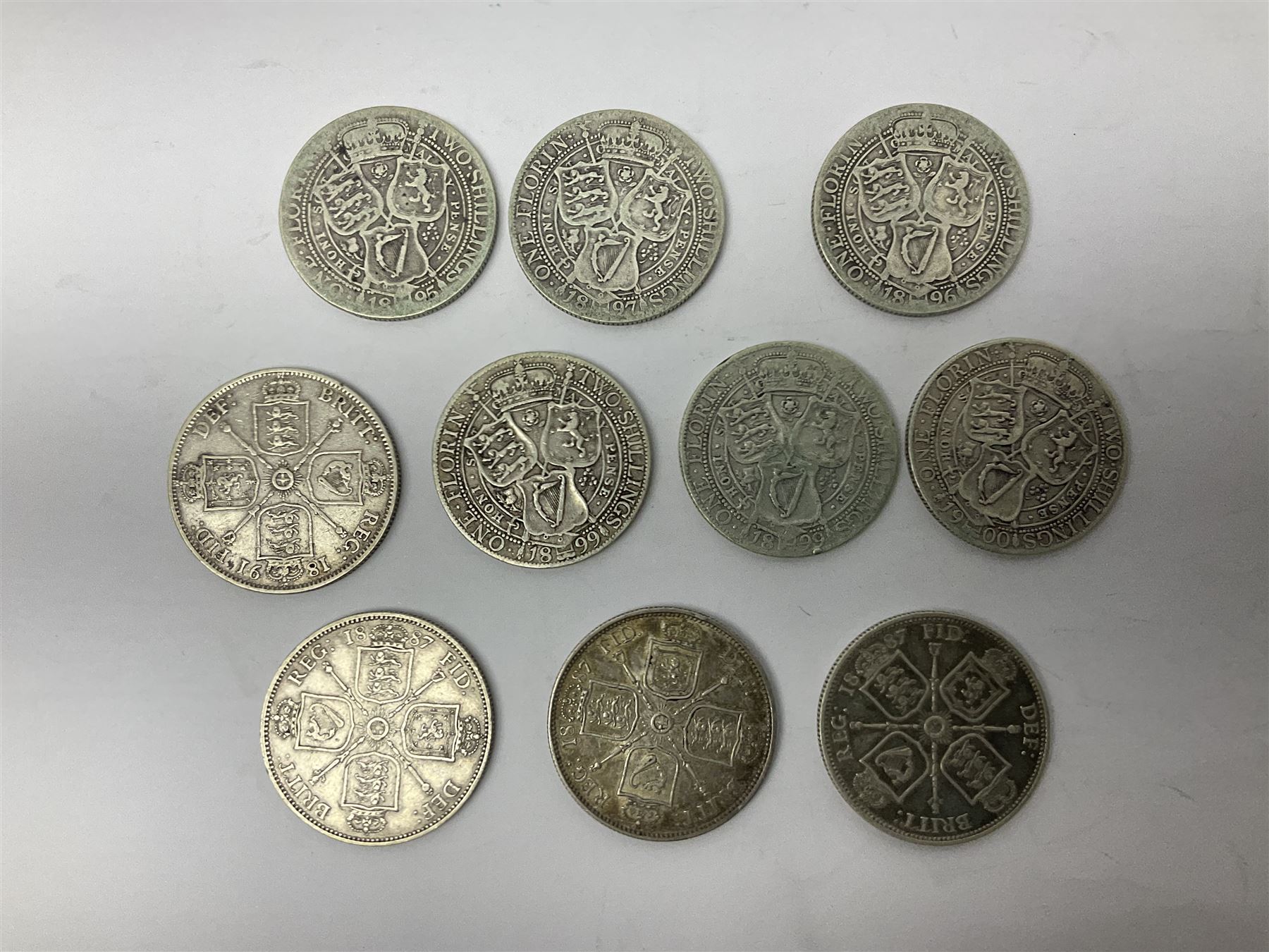 Ten Queen Victoria silver one florin coins - Image 2 of 3