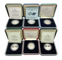 Six The Royal Mint United Kingdom silver proof two pound coins