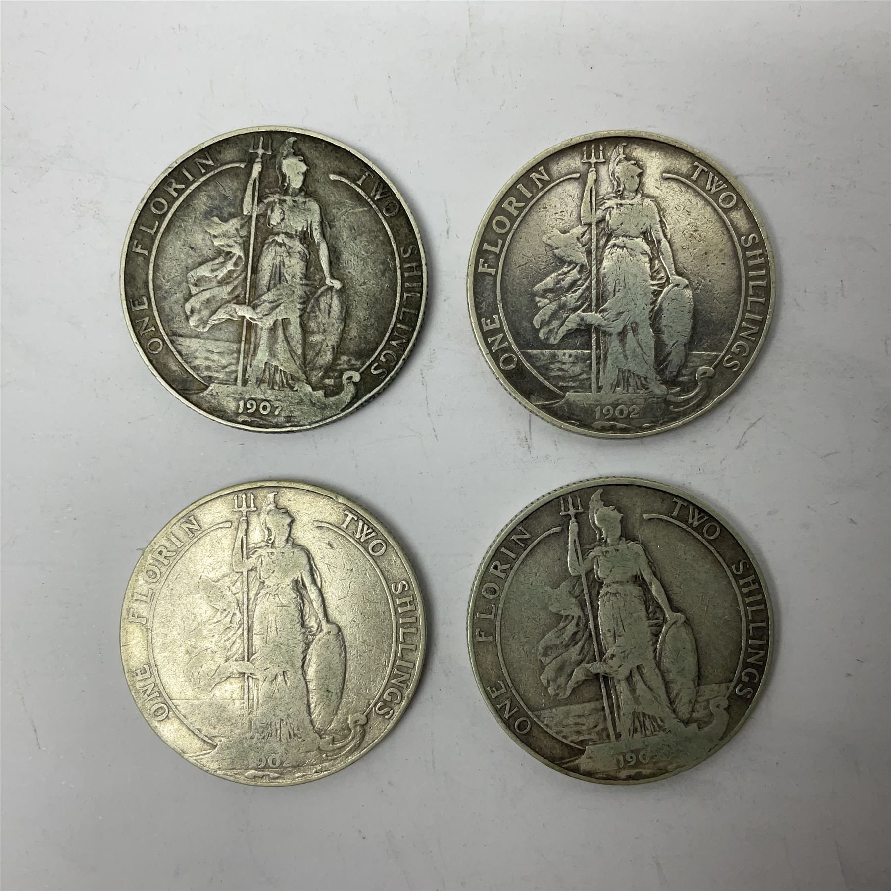 Four King Edward VII standing Britannia silver one florin coins - Image 2 of 3