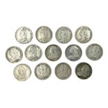 Thirteen Queen Victoria silver half crown coins