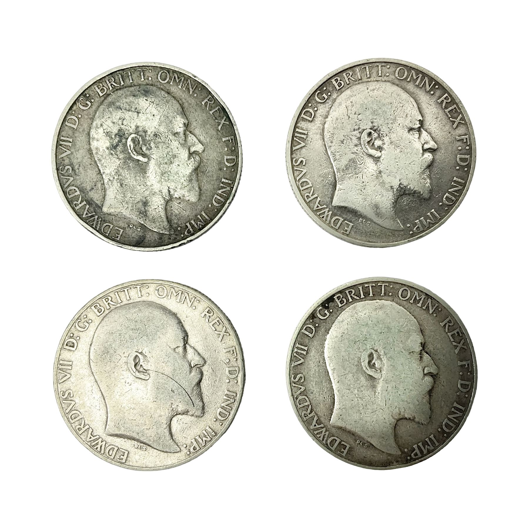 Four King Edward VII standing Britannia silver one florin coins