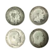 Four King Edward VII standing Britannia silver one florin coins