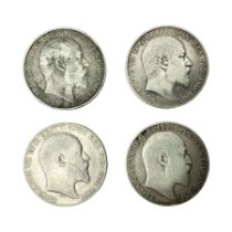 Four King Edward VII standing Britannia silver one florin coins