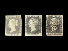 Three Great Britain Queen Victoria penny black stamps