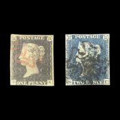 Great Britain Queen Victoria penny black stamp with red MX cancel and 1840 two pence blue stamp with